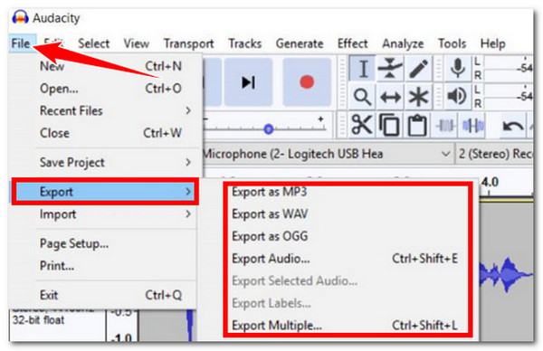 Audacity Eksportuj nagrania audio