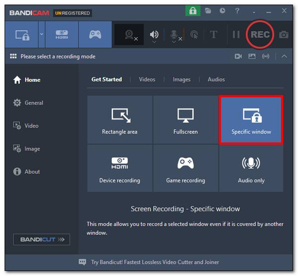 Tetingkap Khusus Pilih Bandicam