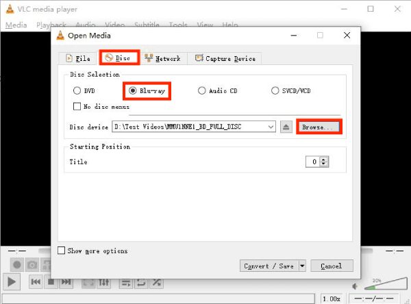 Controlla il contenuto Blu Ray VLC