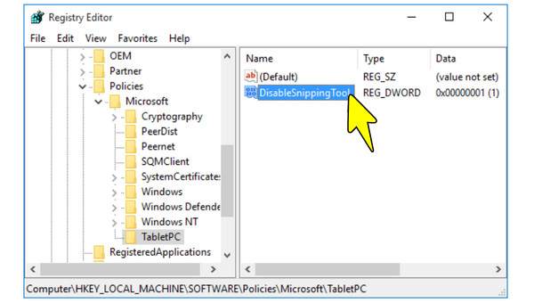 Registry Editor Disable Snipping Tool