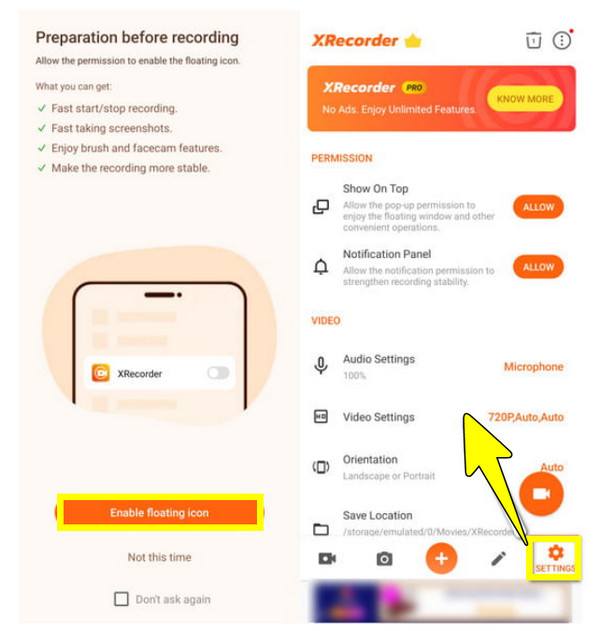 Xrecorder Accédez aux paramètres