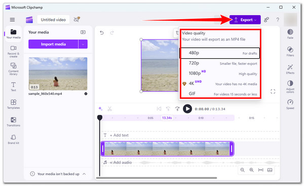 Clipchamp export szerkesztett videó