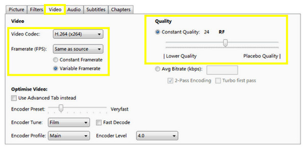 Handbrake Select Codec FPS et plus