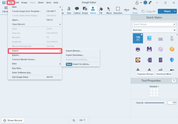 Импортировать видеофайл Snagit