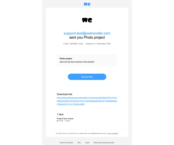 Wetransfer-kopion vastaanottajien sähköpostiosoite