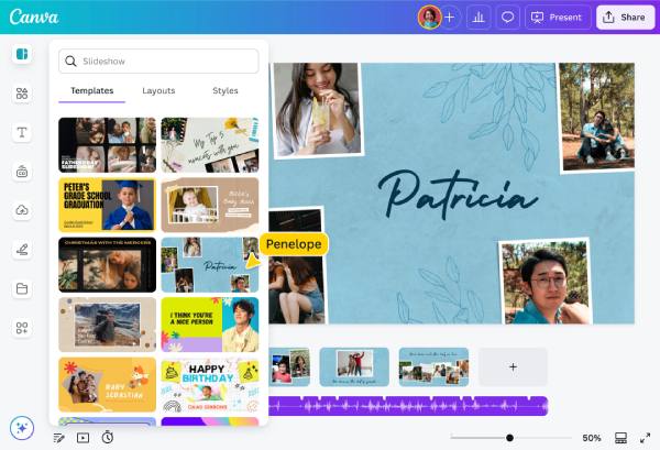 Interfaz del creador de presentaciones de Canva