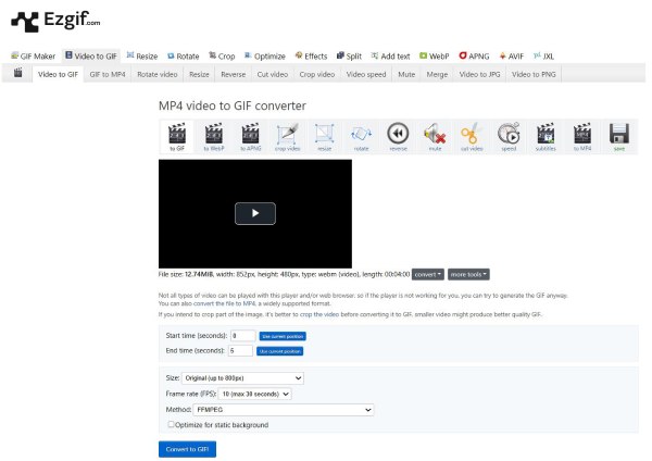 Ezgif ビデオをGIFに変換する